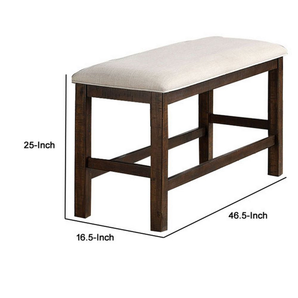 Shaw 47 Inch Counter Height Bench Beige Padded Seat Rustic Brown Base By Casagear Home BM300654