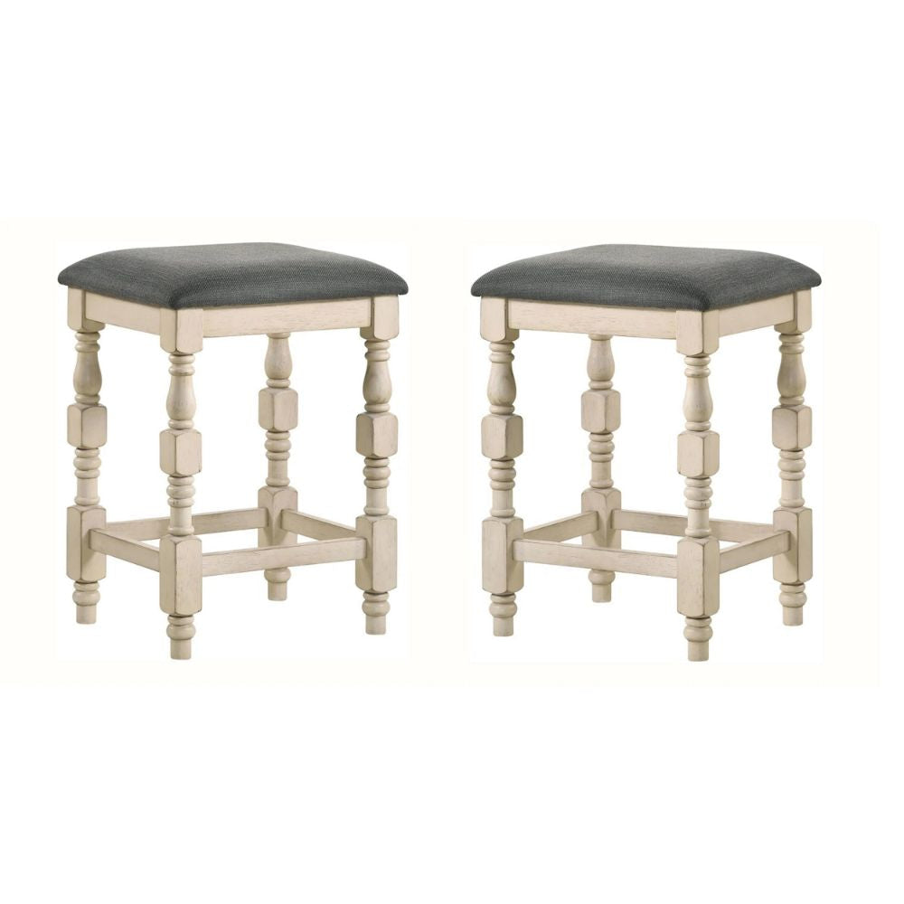 Swan 26 Inch Counter Height Stool, Set of 2, Gray Padded Seat, Turned Legs