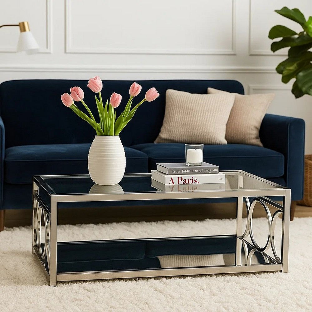 Paire 47" Coffee Table, Glass Top, Mirrored Bottom Shelf By Casagear Home