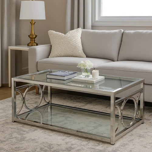 Paire 47" Coffee Table, Glass Top, Mirrored Bottom Shelf By Casagear Home