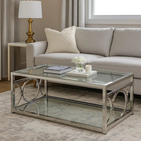 Paire 47" Coffee Table, Glass Top, Mirrored Bottom Shelf By Casagear Home