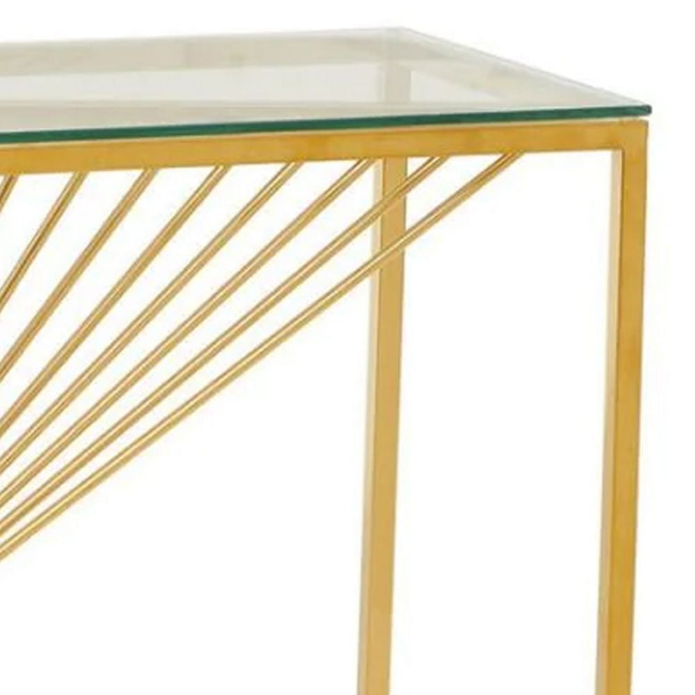 Glen 47 Inch Sofa Console Table Tempered Glass Top Twisted Slatted Design BM300679