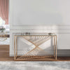 Glen 47 Inch Sofa Console Table, Tempered Glass Top, Twisted Slatted Design