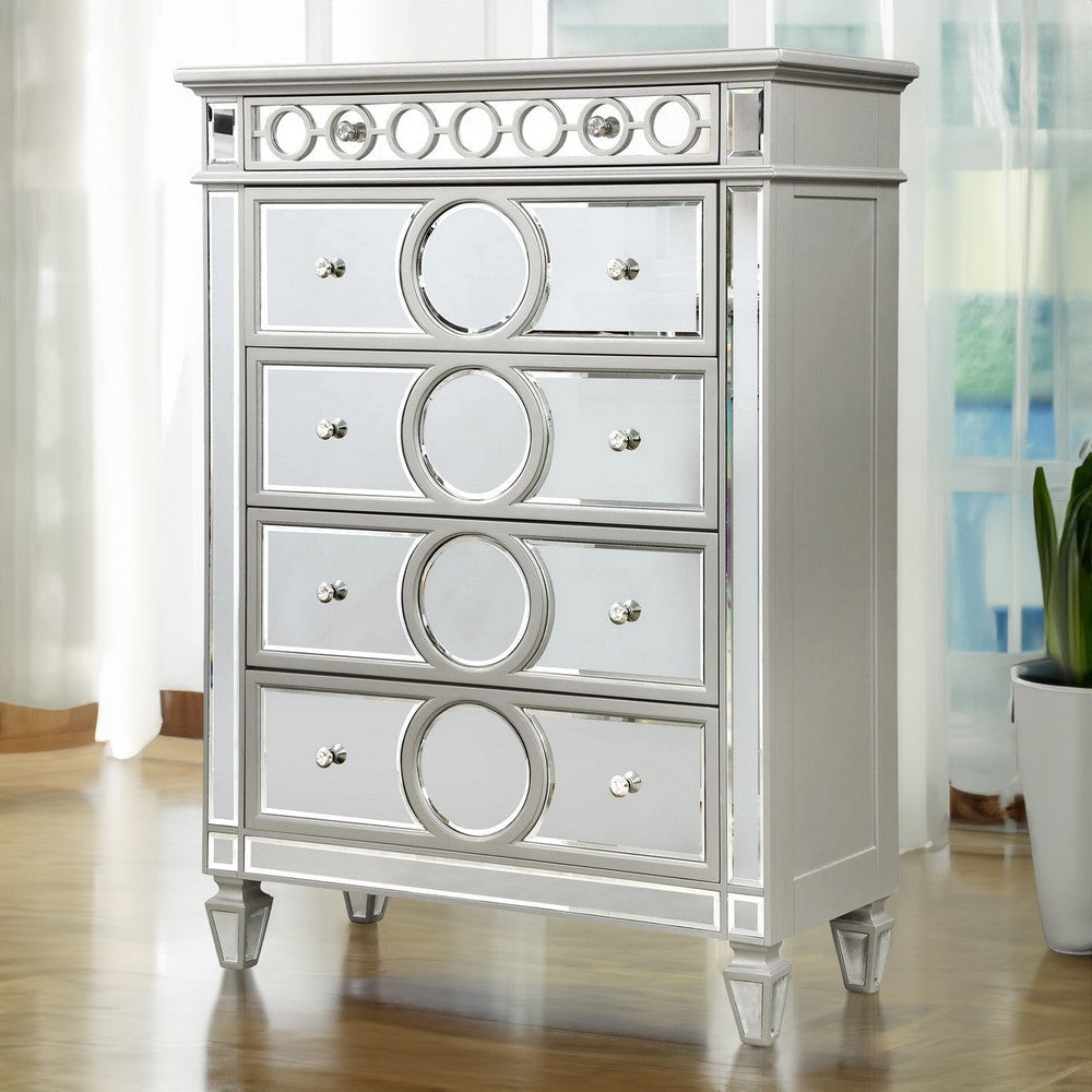 Jack 54 Inch Tall Dresser Chest, Mirror Panels, Circular Design, Silver By Casagear Home