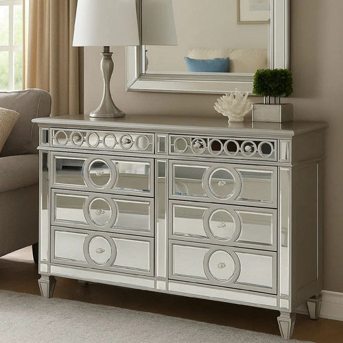 Jack 64 Inch Dresser, 6 Gliding Drawers, Mirror Panel Inserts, Silver  By Casagear Home