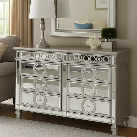 Jack 64 Inch Dresser, 6 Gliding Drawers, Mirror Panel Inserts, Silver  By Casagear Home