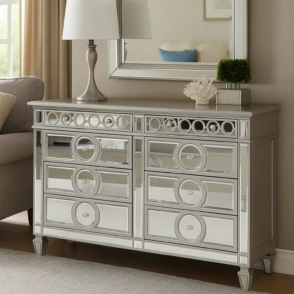 Jack 64 Inch Dresser, 6 Gliding Drawers, Mirror Panel Inserts, Silver  By Casagear Home