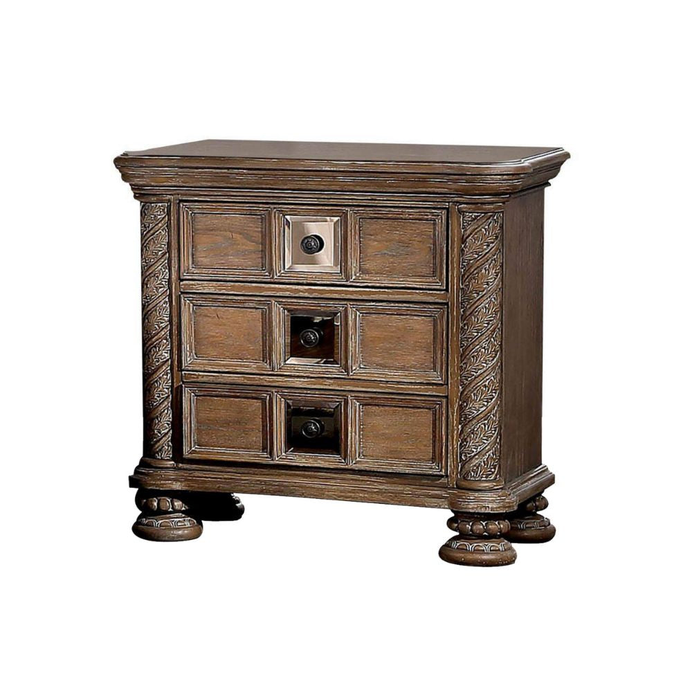 Isac 30 Inch Nightstand, 3 Gliding Drawers, Carved Faux Wood, Rustic Brown