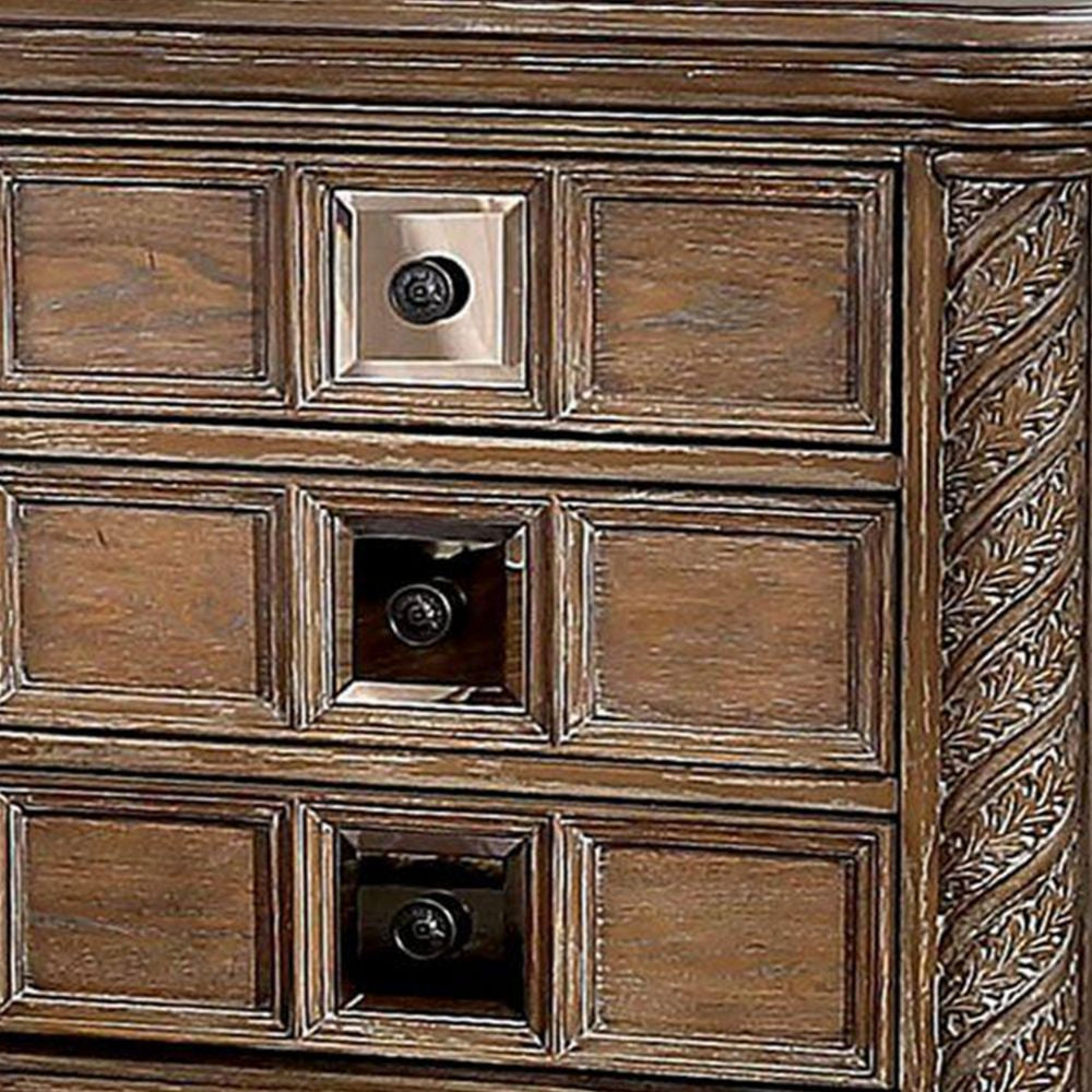 Isac 30 Inch Nightstand 3 Gliding Drawers Carved Faux Wood Rustic Brown BM300685