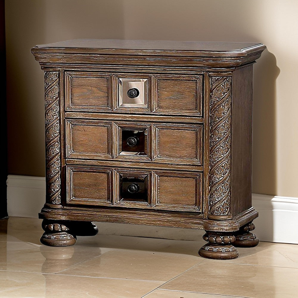 Isac 30 Inch Nightstand, 3 Gliding Drawers, Carved Faux Wood, Rustic Brown