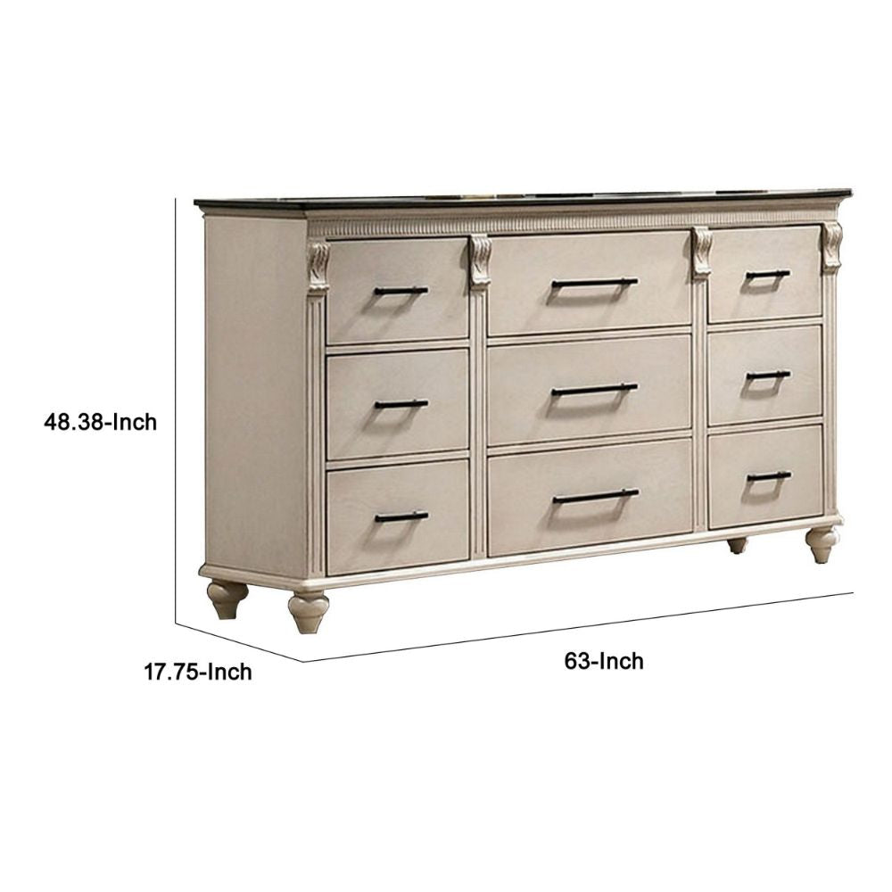 Giyu 63 Inch Modern Wide Dresser 9 Drawers Fluted Panels Antique White By Casagear Home BM300697