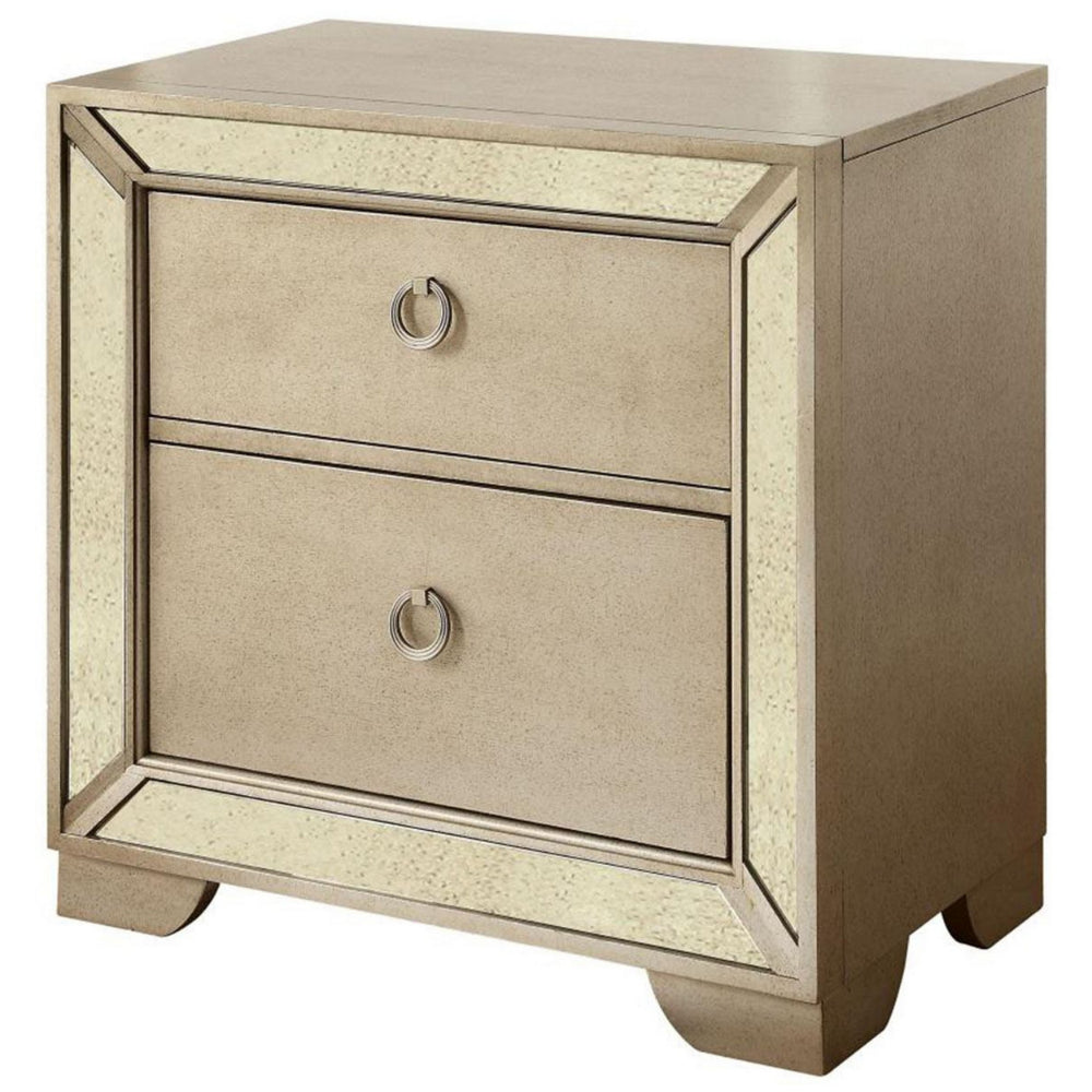 Leena 30" Nightstand, Mirror Trim, 2 Drawers, Champagne Gold By Casagear Home