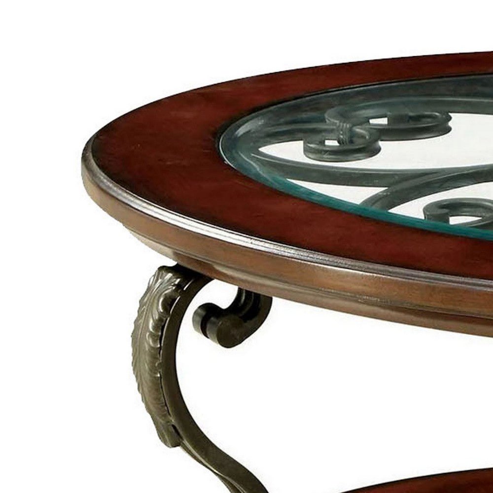 Keri 48" Oval Coffee Table, Glass Top, Scrolled Metal Legs, Brown By Casagear Home