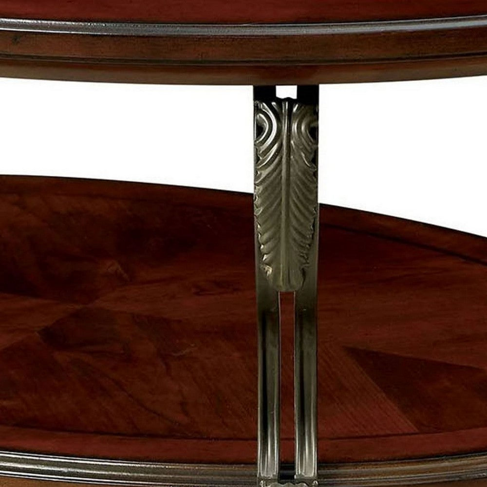 Keri 48" Oval Coffee Table, Glass Top, Scrolled Metal Legs, Brown By Casagear Home