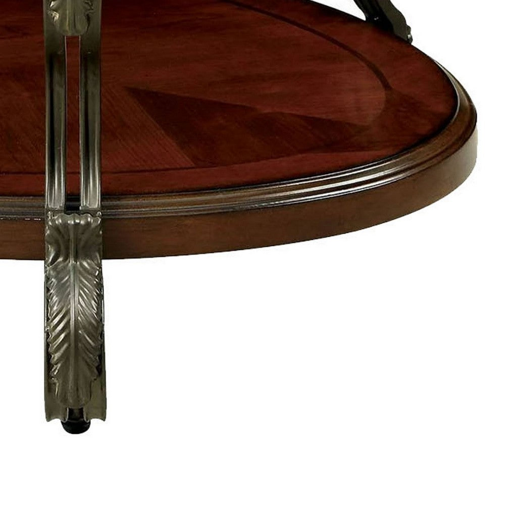 Keri 48" Oval Coffee Table, Glass Top, Scrolled Metal Legs, Brown By Casagear Home