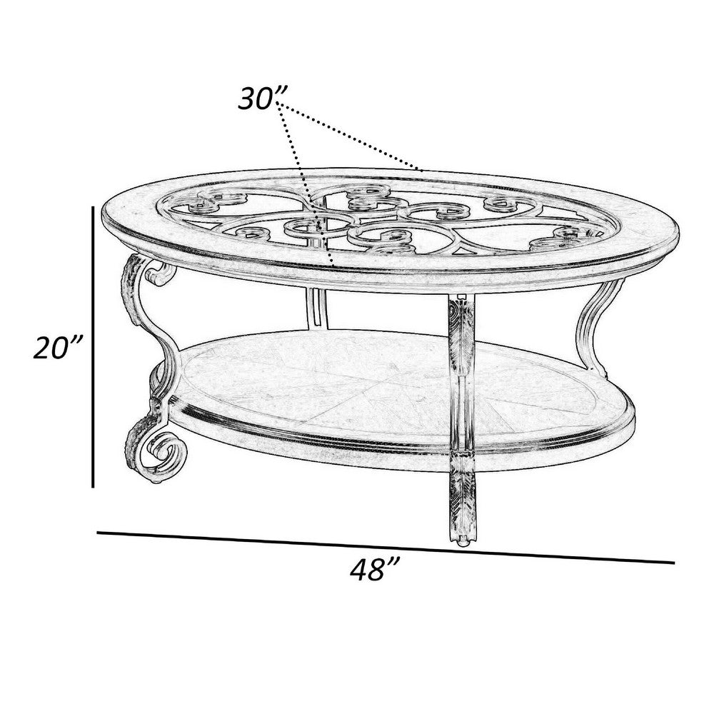 Keri 48" Oval Coffee Table, Glass Top, Scrolled Metal Legs, Brown By Casagear Home