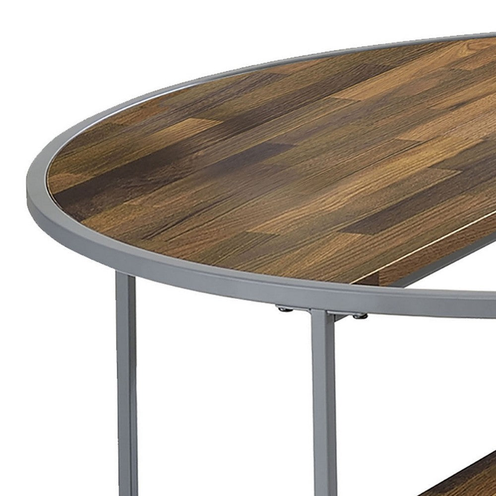 Lenn 35 Inch 3 Tier Round Brown Coffee Table Half Shelf Design Gray Frame BM300710