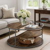 Lenn 35 Inch 3 Tier Round Brown Coffee Table, Half Shelf Design, Gray Frame