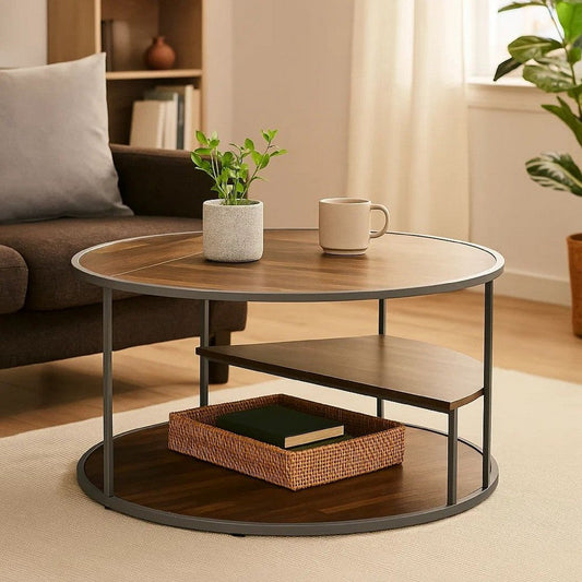 Lenn 35 Inch 3 Tier Round Brown Coffee Table, Half Shelf Design, Gray Frame