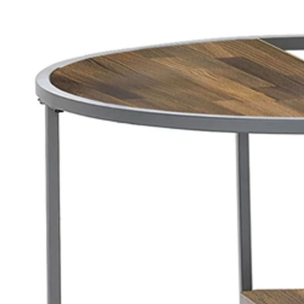 Lenn 24 Inch 3 Tier Round Brown Side End Table Half Shelf Gray Frame BM300711