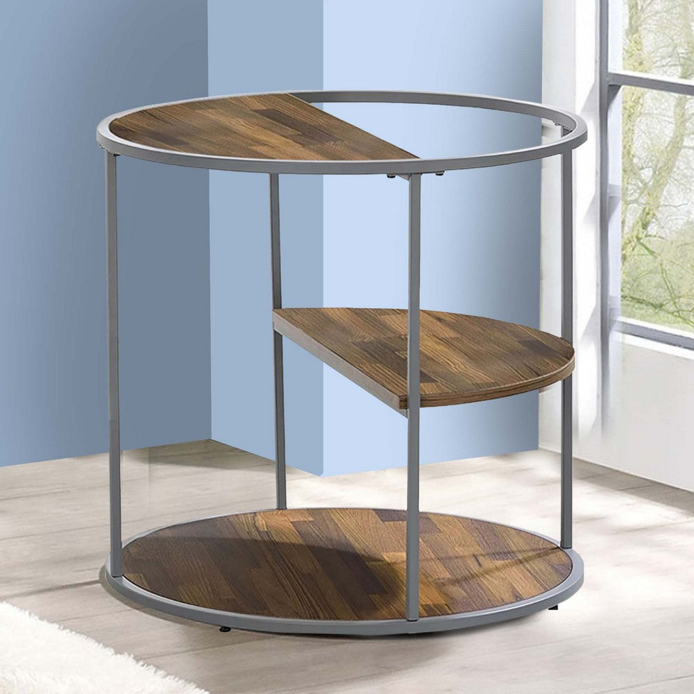Lenn 24 Inch 3 Tier Round Brown Side End Table, Half Shelf, Gray Frame