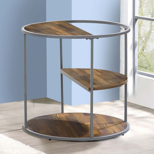 Lenn 24 Inch 3 Tier Round Brown Side End Table, Half Shelf, Gray Frame