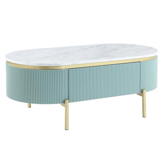 Ville 48" Oblong Coffee Table, Faux Marble Top, Teal, White By Casagear Home