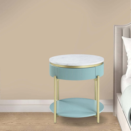 Ville 23" Round Side End Table, Faux Marble Top, White, Teal By Casagear Home