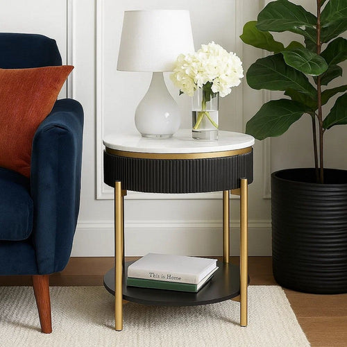 Ville 23" Round Side End Table, White Faux Marble Top, Brown By Casagear Home