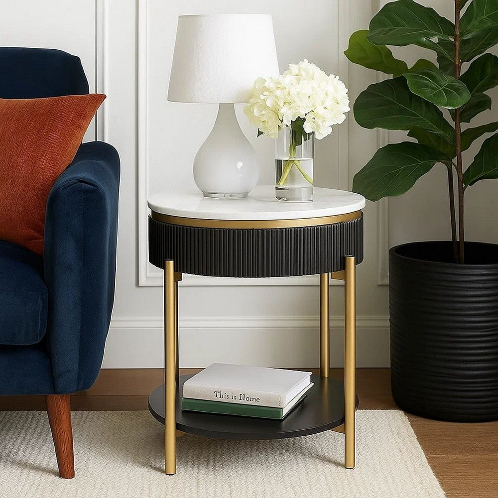 Ville 23" Round Side End Table, White Faux Marble Top, Brown By Casagear Home