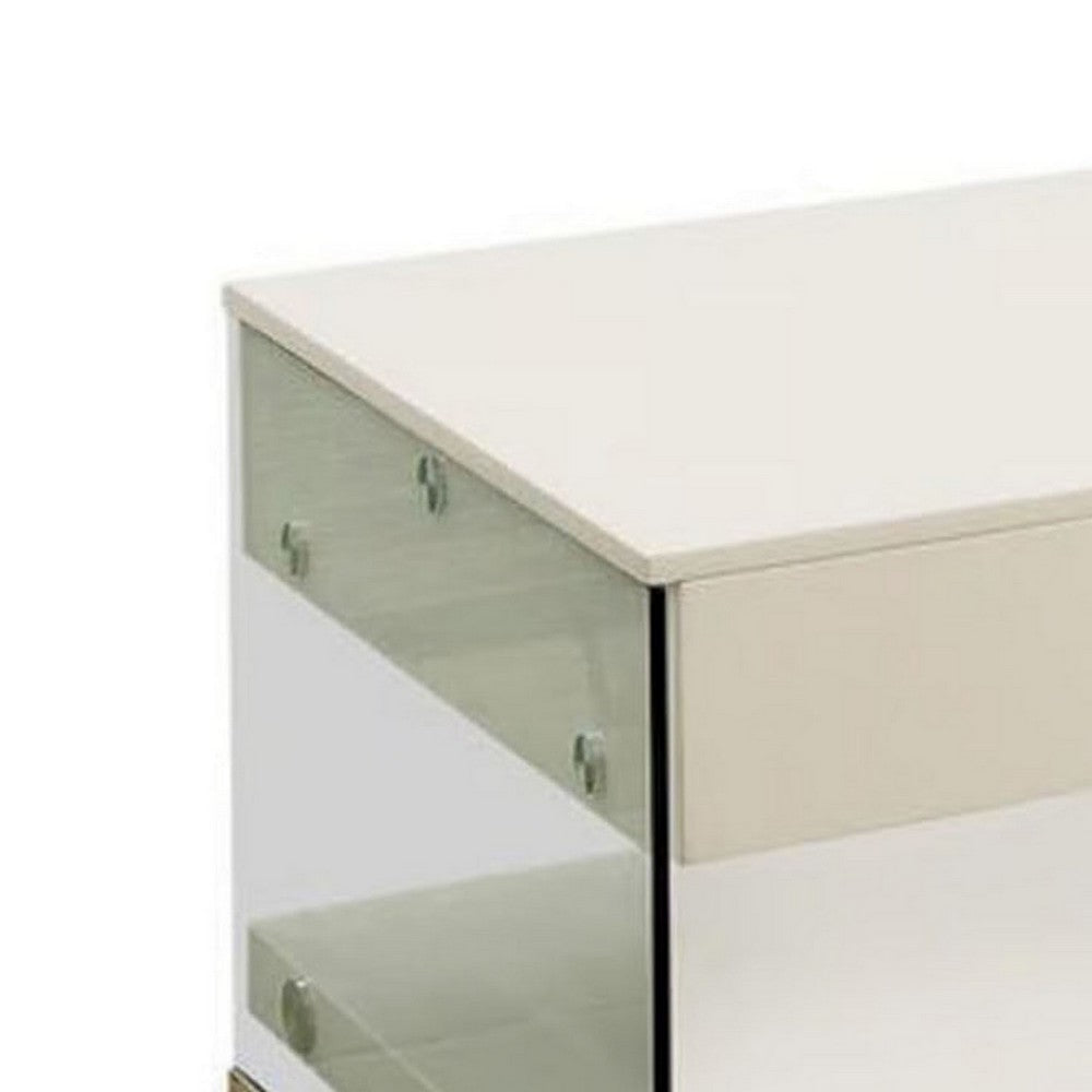 Stub 47 Inch Coffee Table Glossy White Wood Glass Side Panels 1 Drawer BM300718