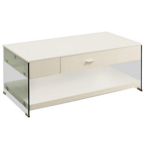 Stub 47 Inch Coffee Table, Glossy White Wood, Glass Side Panels, 1 Drawer