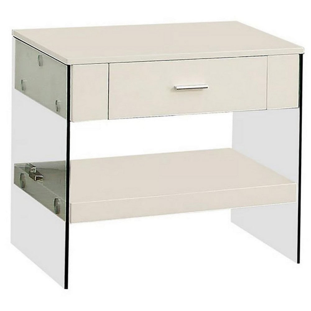 Stub 23 Inch Side End Table, Glossy White Wood, Glass Side Panels, 1 Drawer