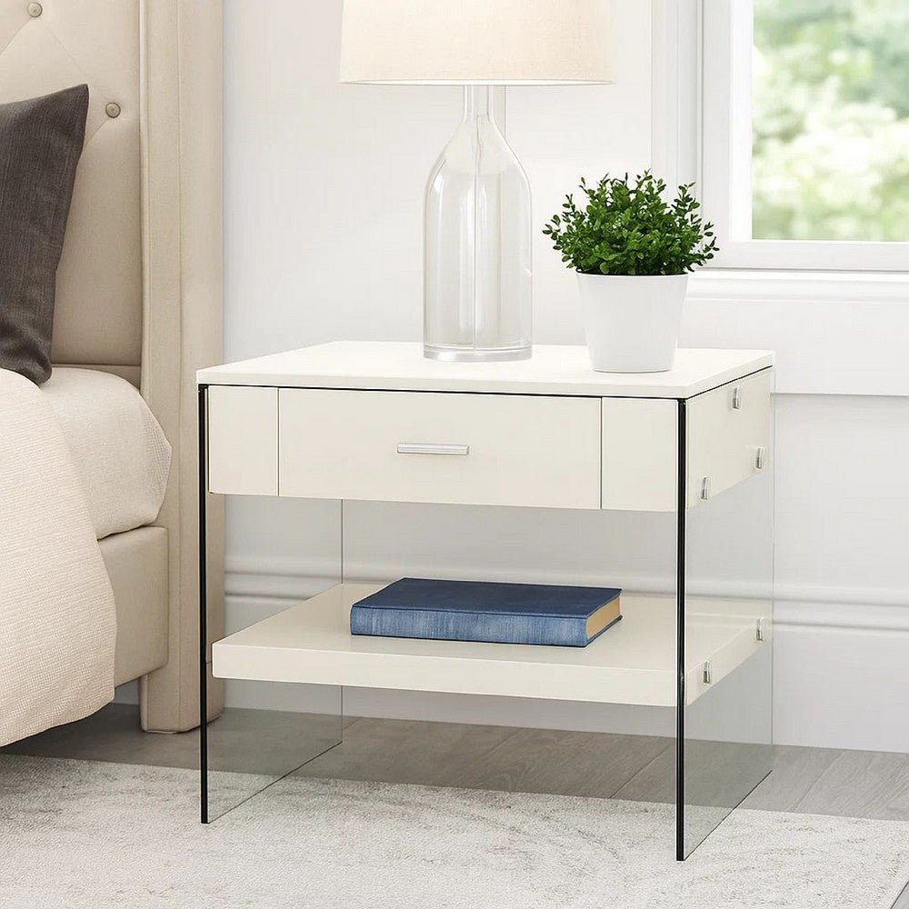 Stub 23 Inch Side End Table, Glossy White Wood, Glass Side Panels, 1 Drawer