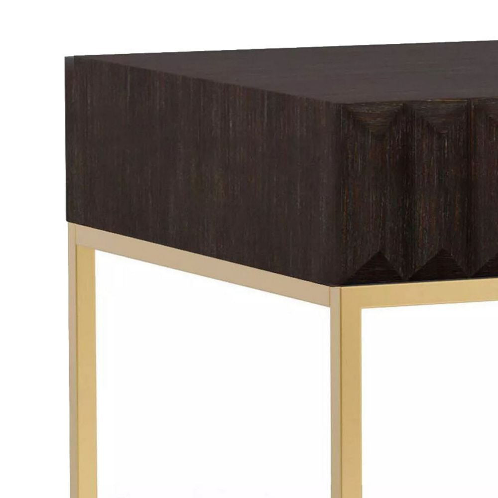 Bran 23 Inch Square Side End Table Brown Wood Gold Steel Base 1 Drawer BM300726