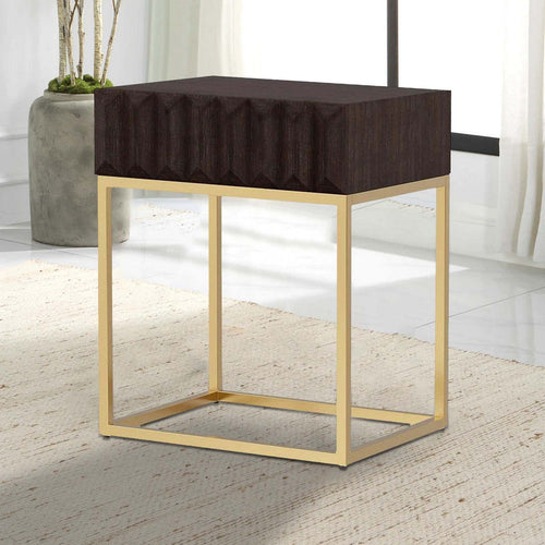 Bran 23 Inch Square Side End Table, Brown Wood, Gold Steel Base, 1 Drawer