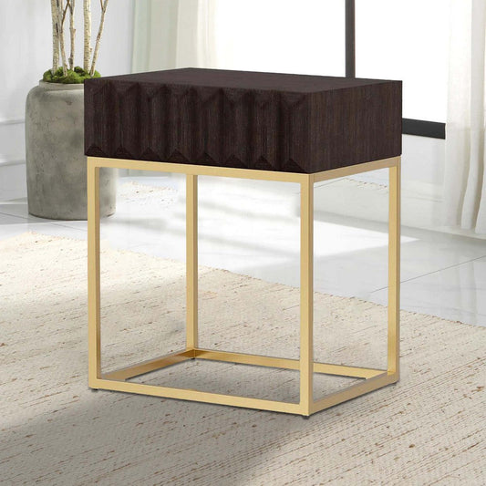 Bran 23 Inch Square Side End Table, Brown Wood, Gold Steel Base, 1 Drawer