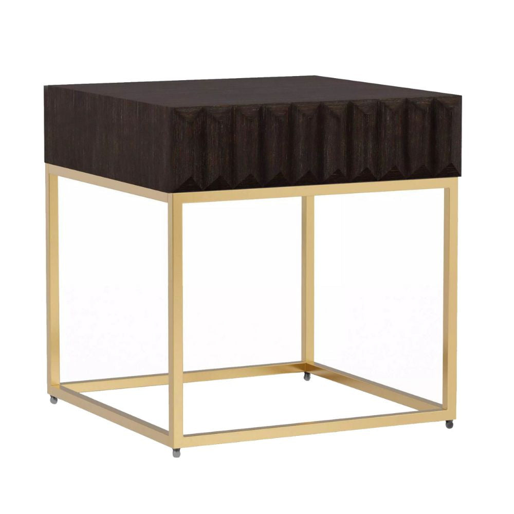 Bran 23 Inch Square Side End Table, Brown Wood, Gold Steel Base, 1 Drawer