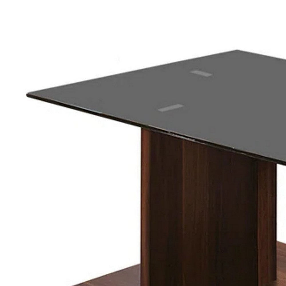 Liam 47 Inch Rectangular Coffee Table Brown Wood Pedestal Base Glass Top BM300737