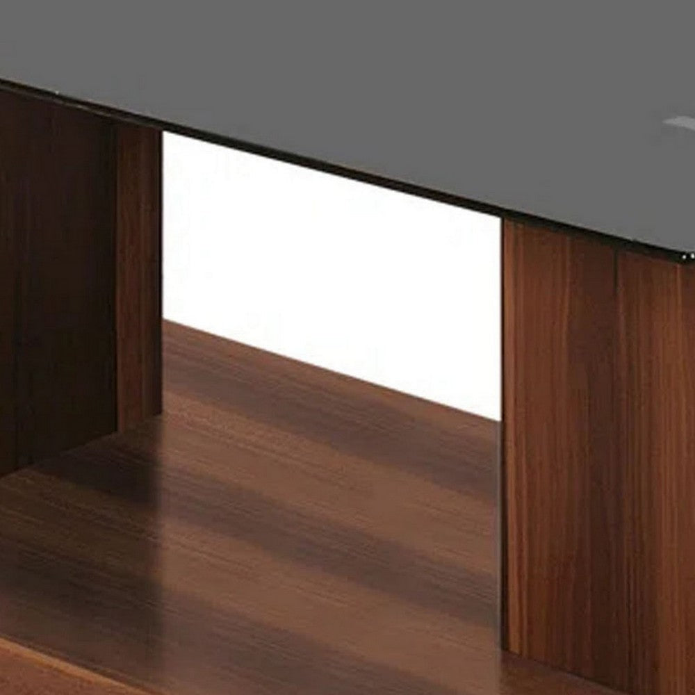 Liam 47 Inch Rectangular Coffee Table Brown Wood Pedestal Base Glass Top BM300737