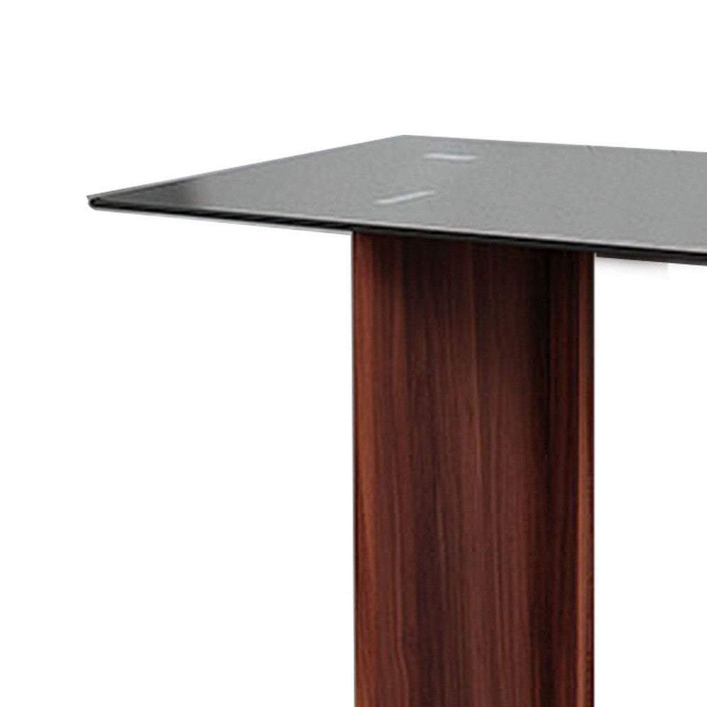 Liam 47 Inch Sofa Console Table Brown Wood Pedestal Base Black Glass Top