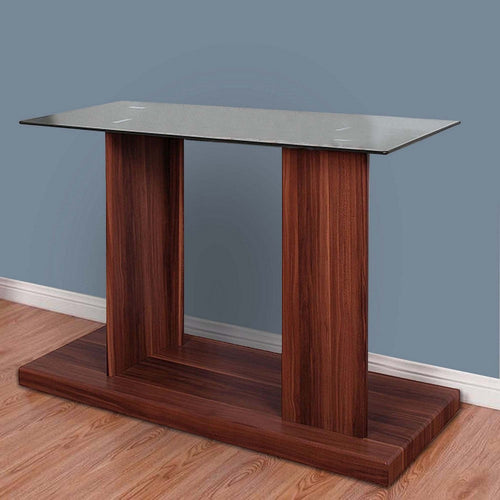 Liam 47 Inch Sofa Console Table, Brown Wood, Pedestal Base, Black Glass Top