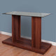 Liam 47 Inch Sofa Console Table, Brown Wood, Pedestal Base, Black Glass Top