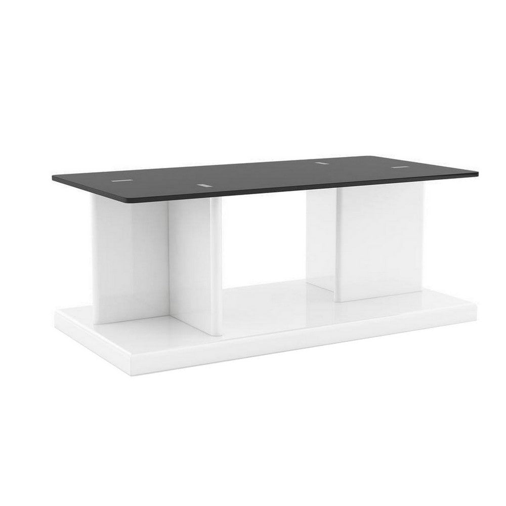 Liam 47 Inch Rectangular Coffee Table White Wood Pedestal Base Glass Top BM300740