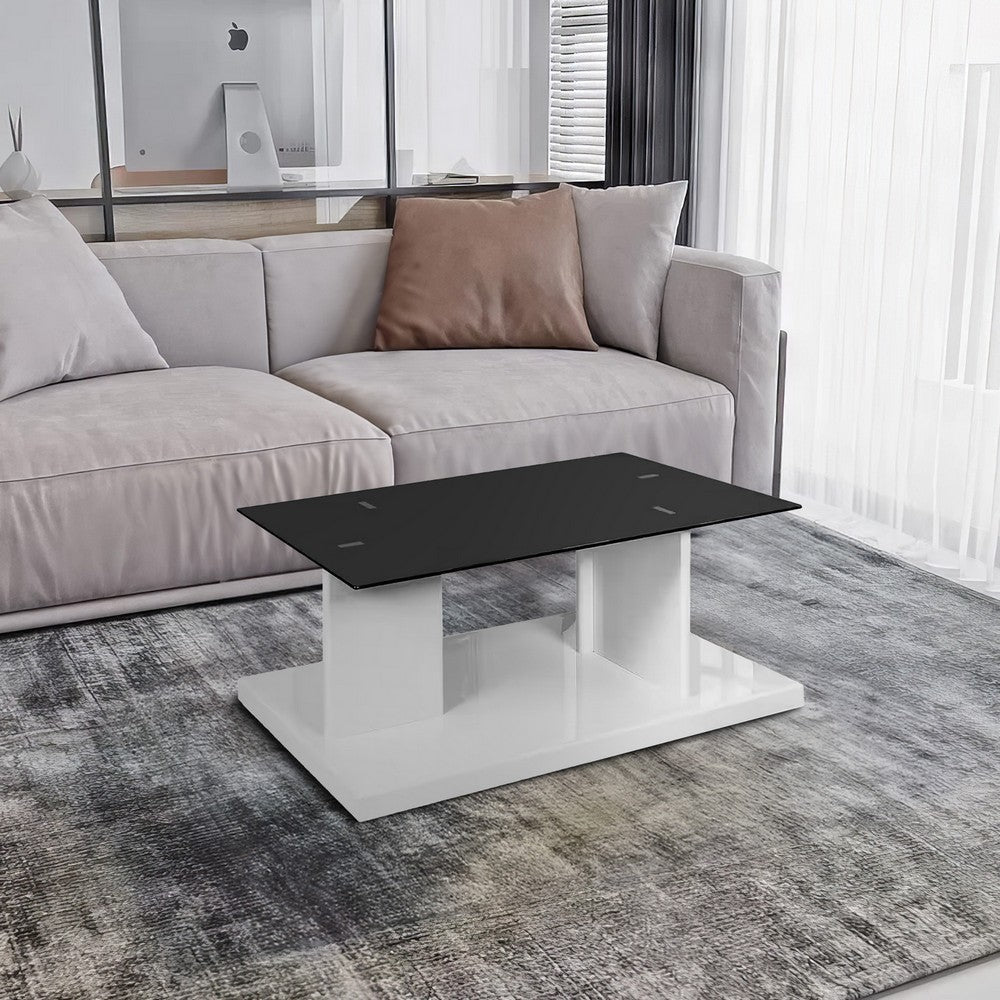 Liam 47 Inch Rectangular Coffee Table, White Wood, Pedestal Base, Glass Top