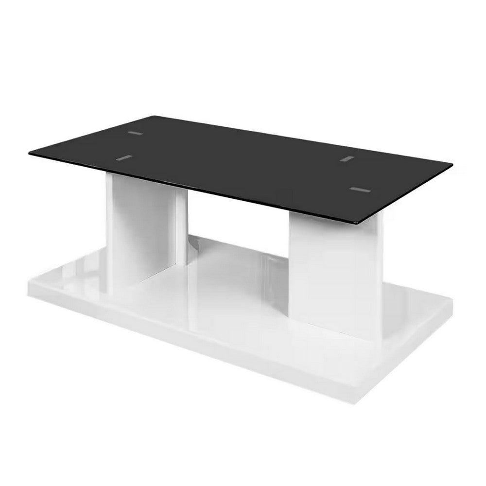 Liam 47 Inch Rectangular Coffee Table, White Wood, Pedestal Base, Glass Top