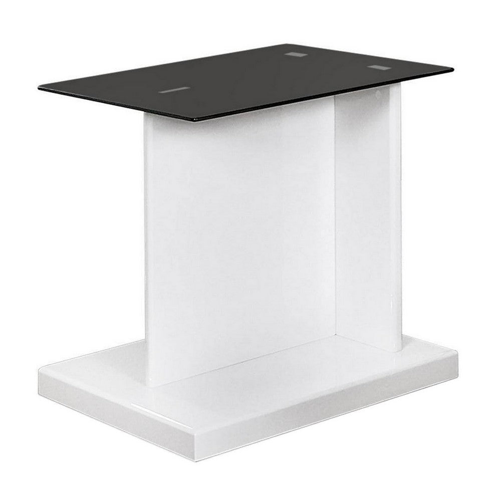 Liam 22 Inch Square Side End Table, White Wood, Pedestal Base, Glass Top