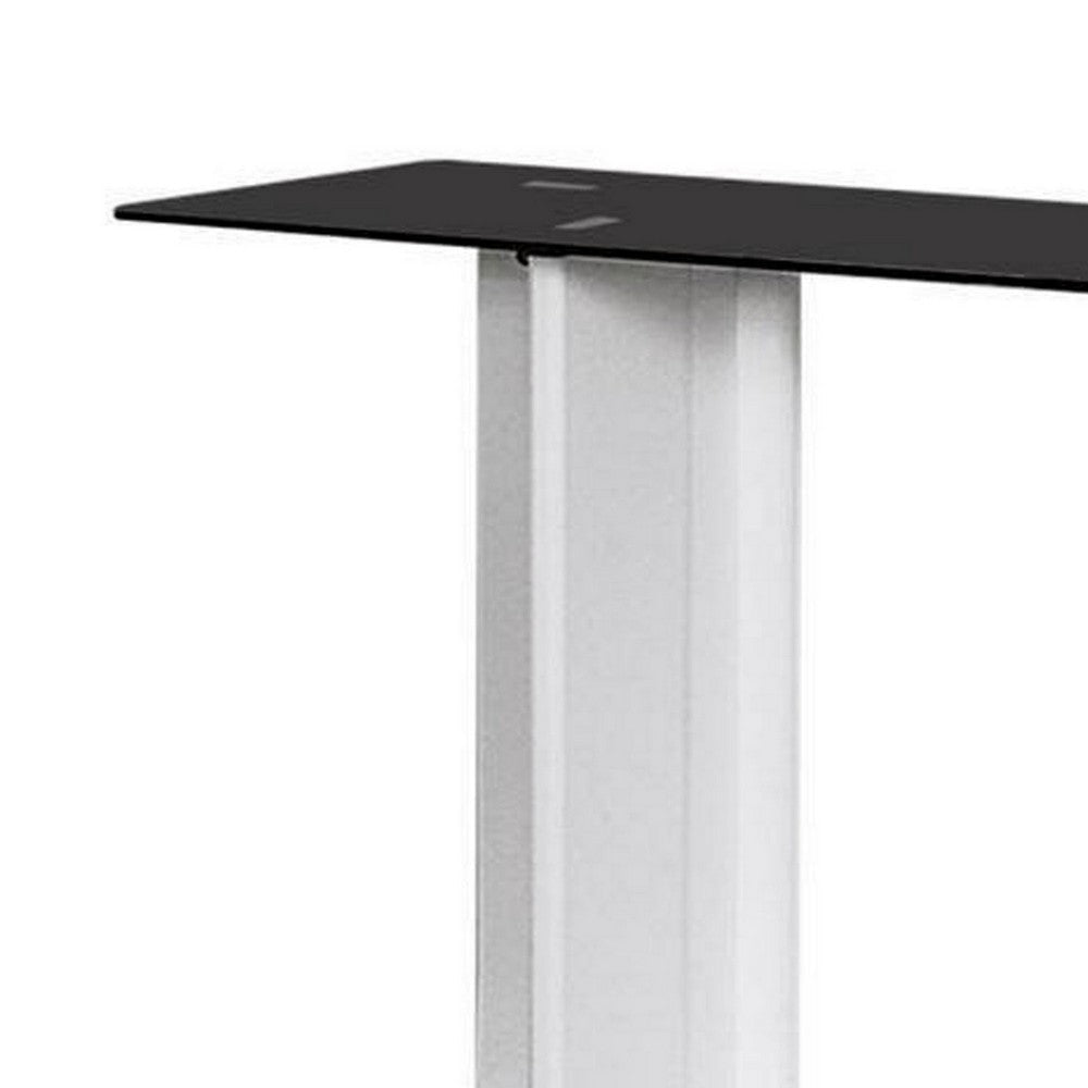 Liam 47 Inch Sofa Console Table White Wood Pedestal Base Black Glass Top