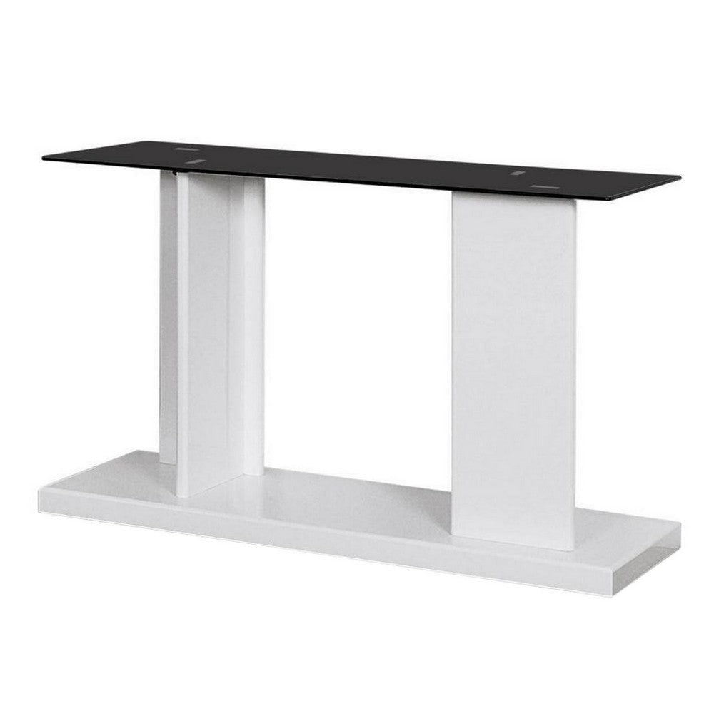 Liam 47 Inch Sofa Console Table, White Wood, Pedestal Base, Black Glass Top