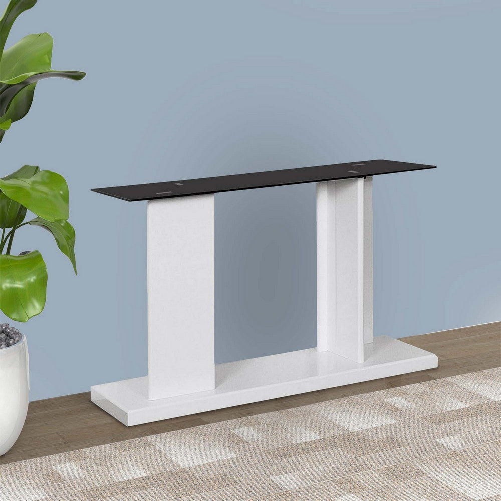 Liam 47 Inch Sofa Console Table, White Wood, Pedestal Base, Black Glass Top